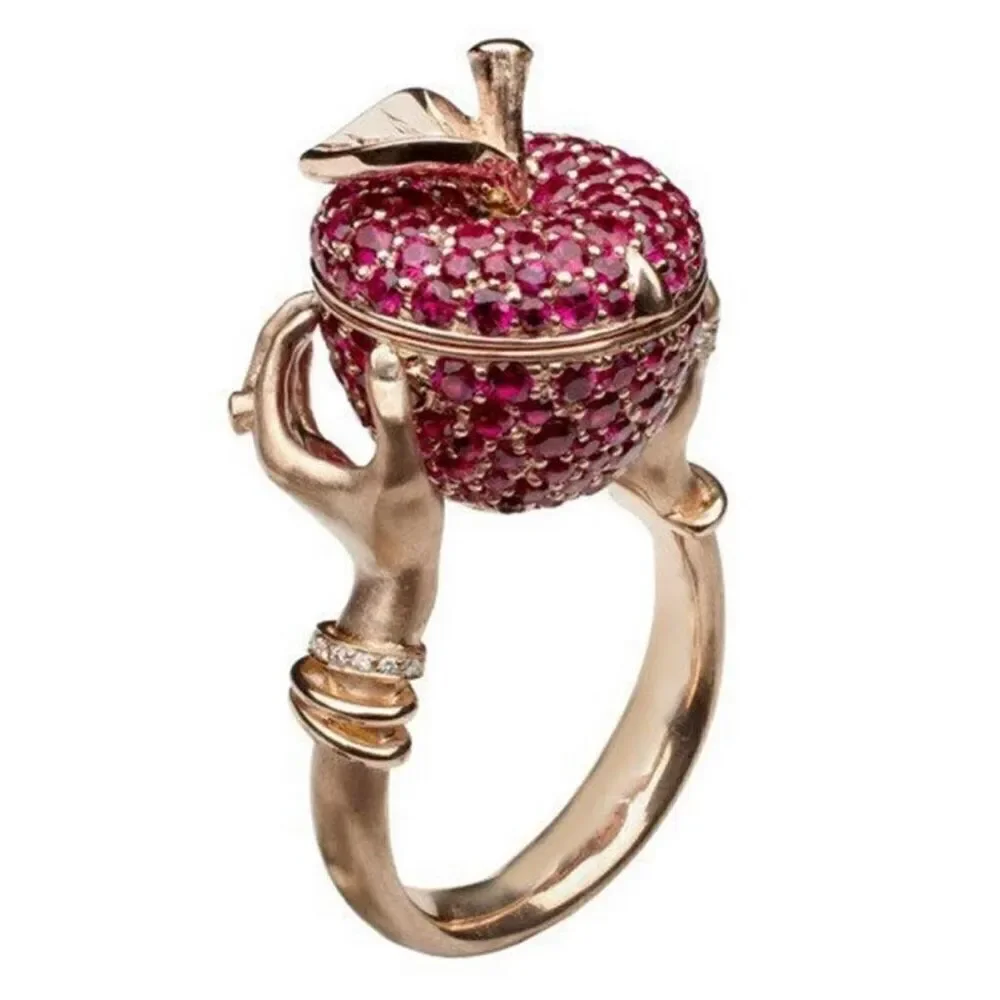 Pink Crystal Apple Poison Ring Womens Secret Compartment Statement Jewelry
